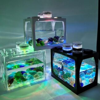 1 Pcs  Mini betta Aquarium Fish Tank + 2 Led Lamps + 1 Water Plant  Light Home Office Desktop Tea Table Decoration Accessories - Aquarium for betta fish