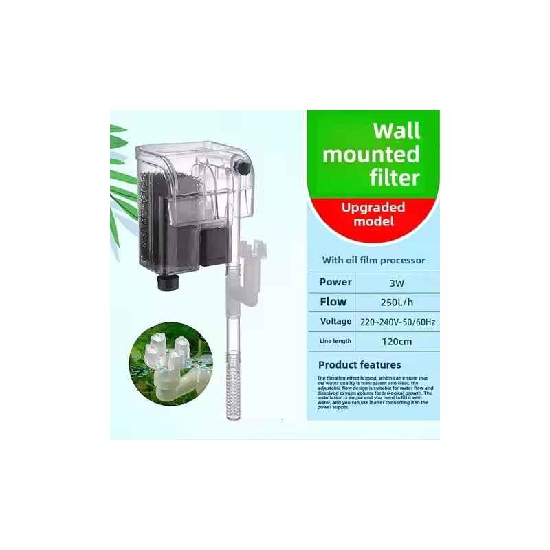 1pc Wall Mounted Aquarium Transparent Filter Hang-On-Back (HOB) Silent Fish Tank Waterfall Filter 3W/220V - 250L per Hour with Oil Removal Film/Surface Skimmer for small and medium