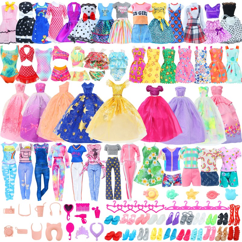 50 Pcs/Set Handmade Doll Clothes for 11.5'' Doll 2 Evening Gown Bikinis 3 Outfit 2 Mini Dress 10 Hangers 31 Accessories Kids Toy
